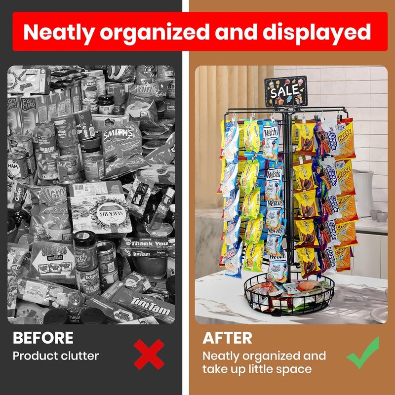 vefix Chip Rack Display Stand, 5 Tiers 60 Clips Snack Retail Display Rack, 360° Rotation Snack Retail Display Rack, Potato Chip Rack, Candy Display Rack, Chip Holder-with Basket - Image 4